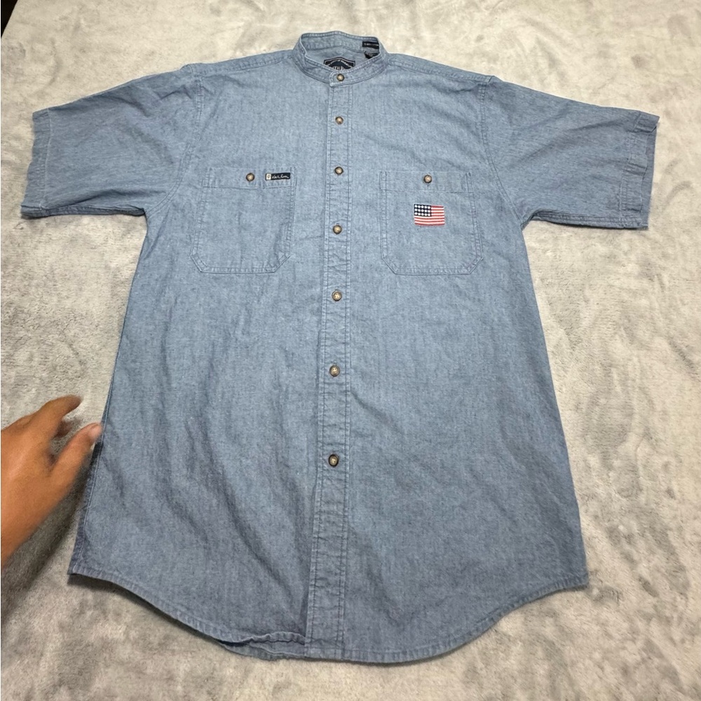 VINTAGE L DENIM NORTH RIVER SHIRT AMERICAN FLAG GRANDAD BAND‎ COLLAR BUTTON UP